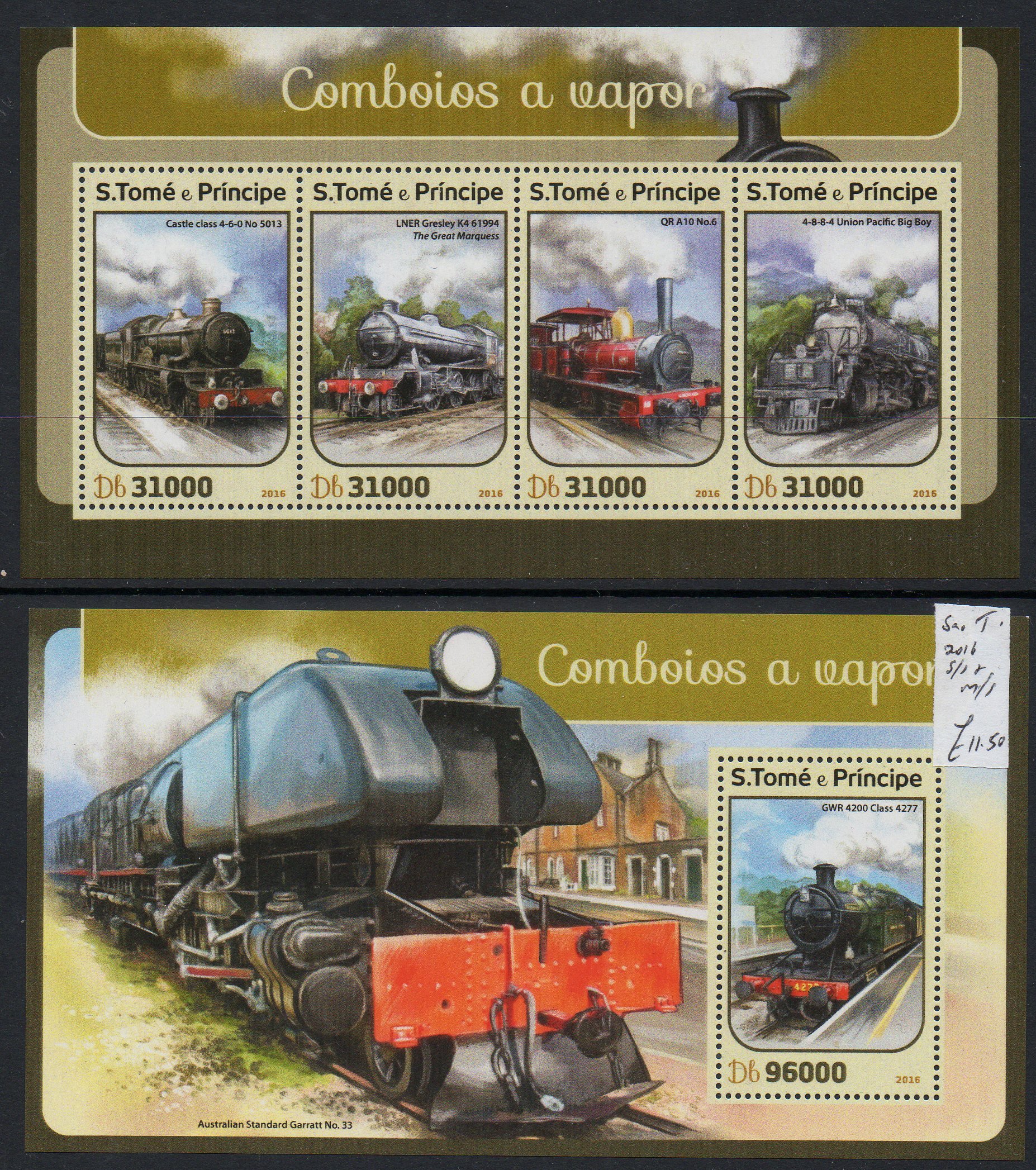 Sao Tome St Thomad and Prince 2016 Castle Class Australian Garratt Railway Stamps 